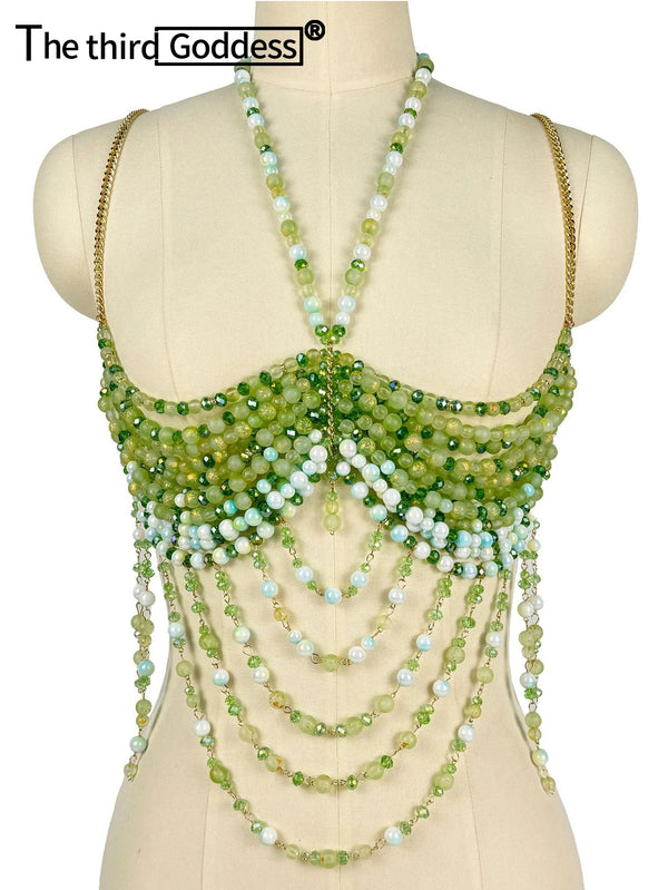 Ione Green Rhinestone Sequin Corset Crop Top