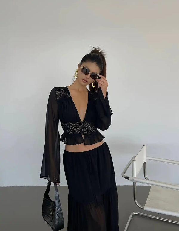 Aurelia Chiffon Lace Long-Sleeve Maxi Skirt Set Two-piece