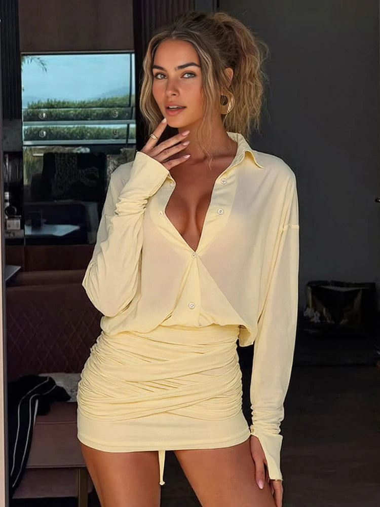 Liesbeth Sheer Button-Front Shirt Ruched Mini Dress