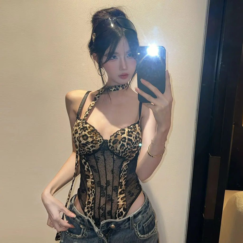 Philippine Sheer Mesh Leopard Corset Cami Top with Suspender Straps One-piece