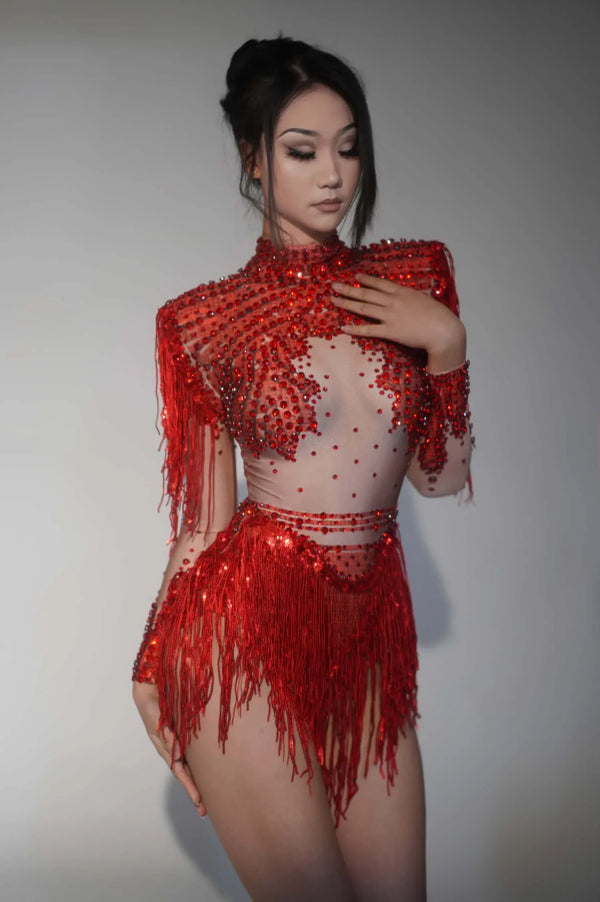 Alouette Sequin Tassel Bodysuit & Gloves Performance Separates