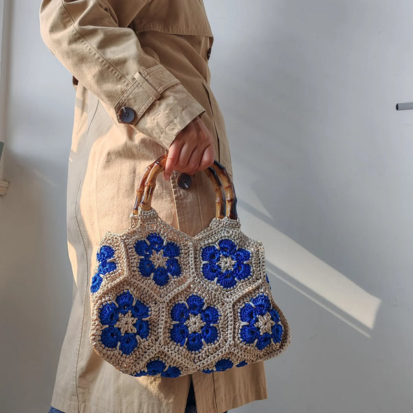 Wilhelmina Handmade Crochet Granny Square Tote Bag with Bamboo Handle