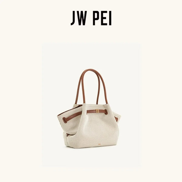 JW PEI Hana Canvas Stitching Tote Bag For Women Luxury Vegan Leather Shoulder Hangbag Summer Casual Slouchy Hobo Work Bag