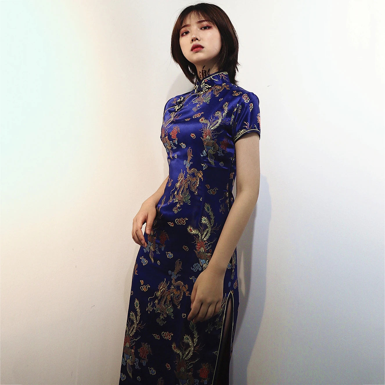 Feng Dragon-and-Phoenix Satin Qipao Maxi Dress