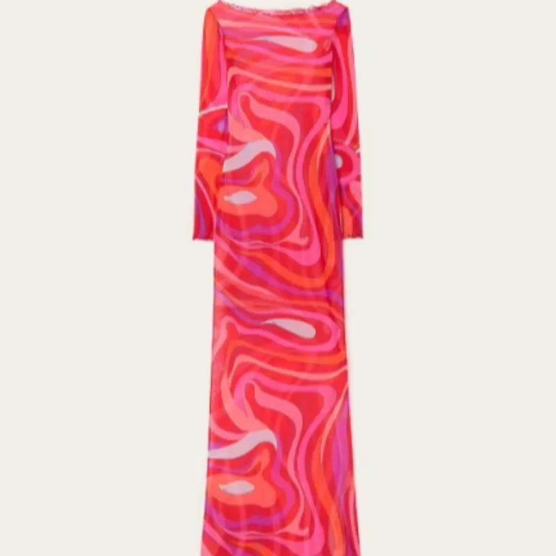 Ondrea Sheer Swirl-Print Mesh Bodycon Maxi Dress One-piece