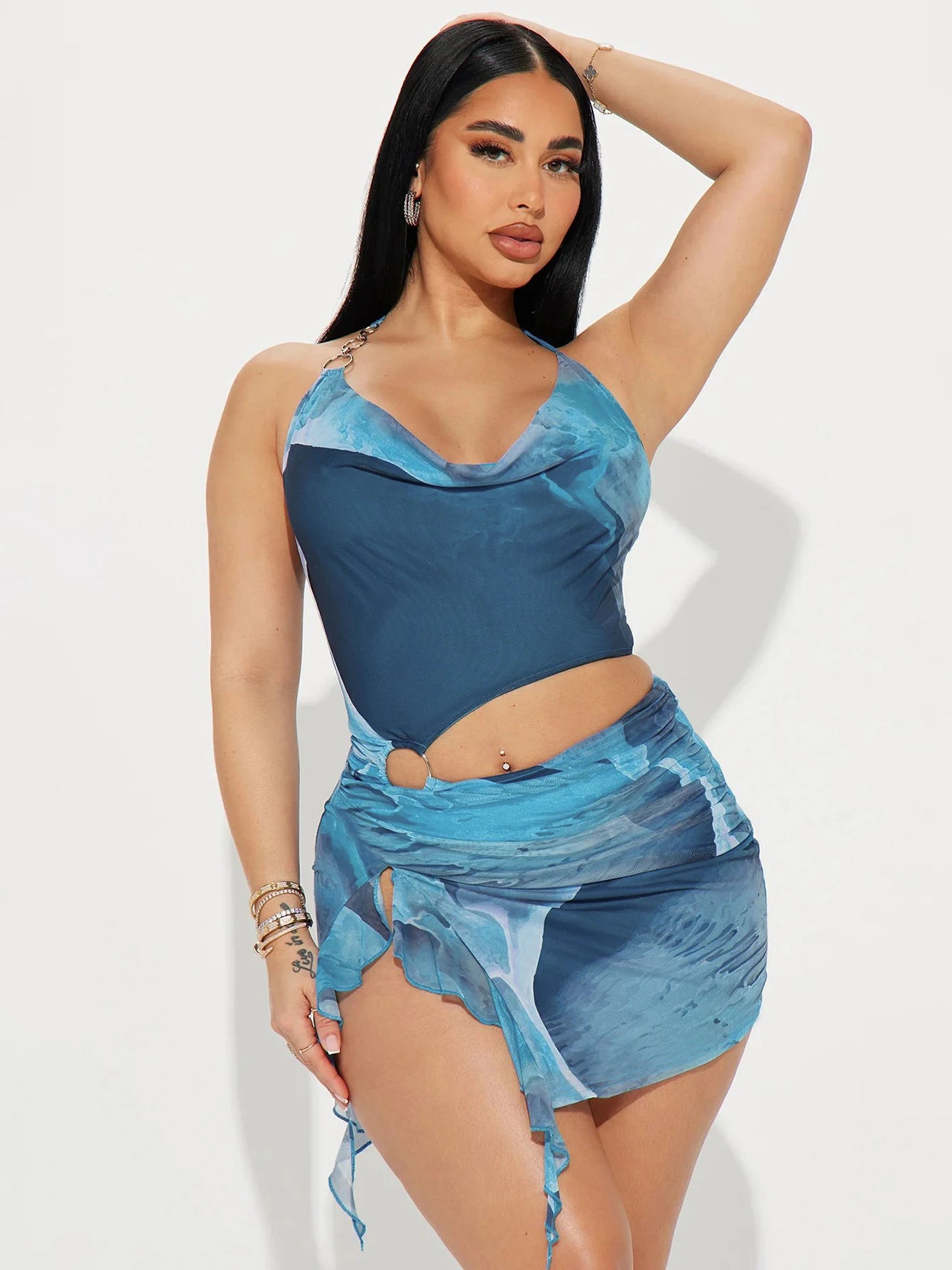 Eliana Scenery-Print Halter Ruffle Mini Dress