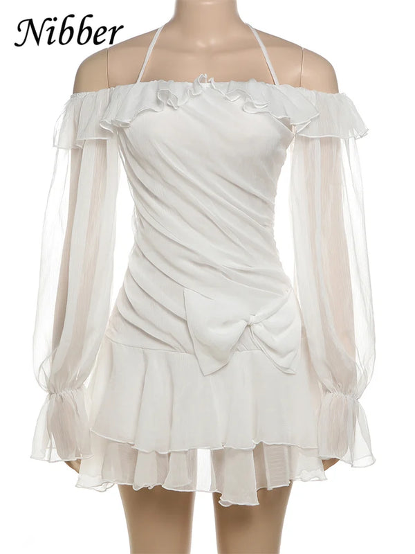 Nibber Elegant Sexy Dress Women Temperament Trend Lace-Up Ruffles Stretch Halter Mesh Flared Sleeves Pleated Hem Wedding Bodycon