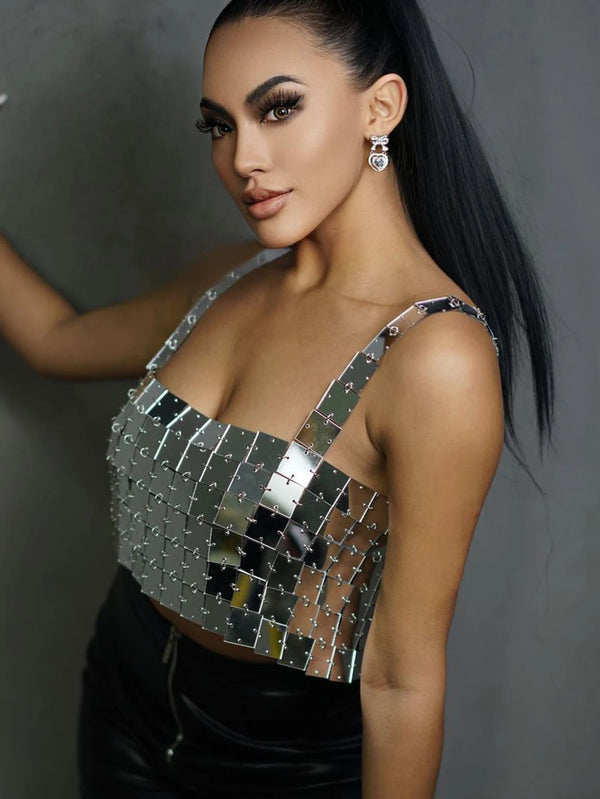 Sexy halter Metal sequin crop top women summer glitter beach club party tank top y2k streetwear womens tops hotwife rave outfits
