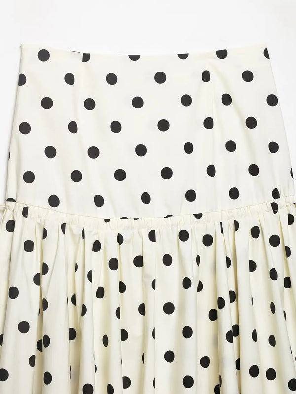Women's Vintage Polka Dot Asymmetrical Hem Skirt White Black High Waist Drawstring Flowy Casual Midi Skirt Streetwear
