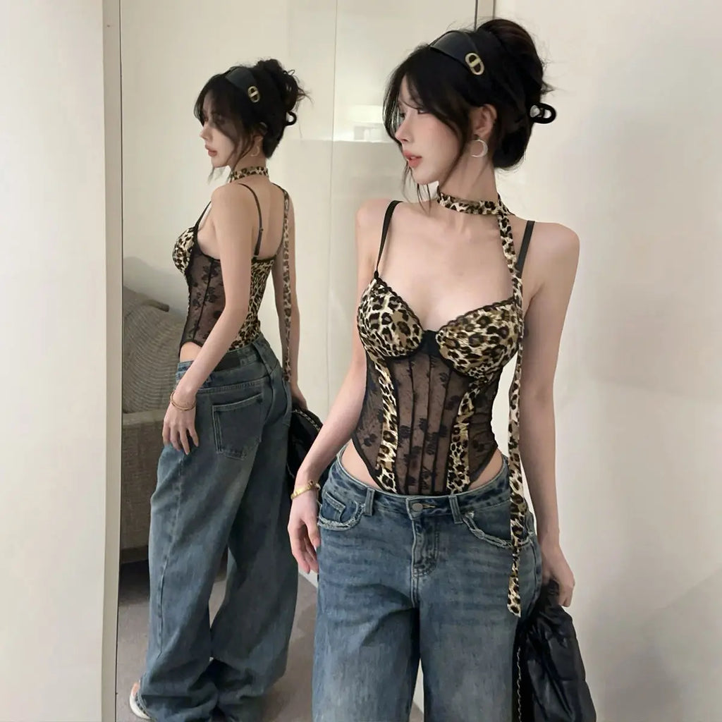 Philippine Sheer Mesh Leopard Corset Cami Top with Suspender Straps One-piece