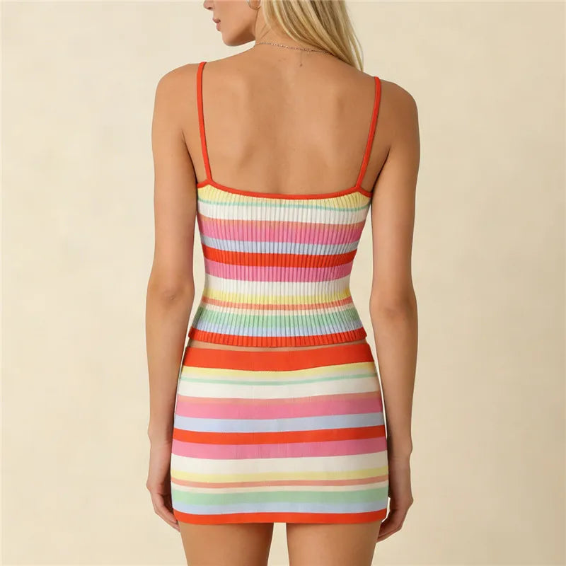 hirigin Womens Rainbow Stripe Ribbed Knit 2 Piece Outfit Spaghetti Strap Crop Top+Mini Skirt Set Bodycon Summer CasualStreetwear