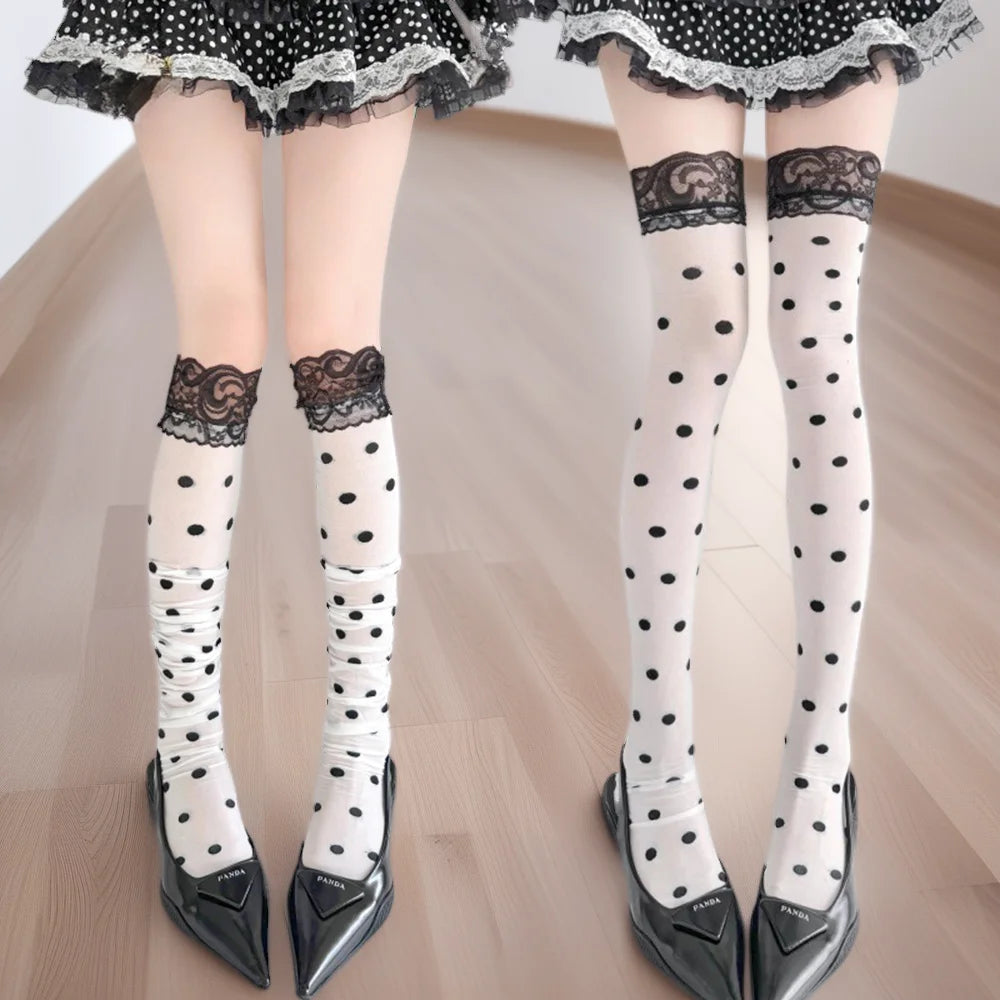 Women High Waist Lace Trim Stretchy Long Stockings Cute Polka Dot Over Knee Socks Breathable Sexy Thin Long Tube Socks Daily Secondary image