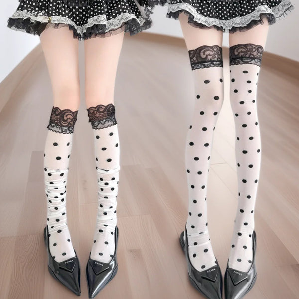 Colette Polka-Dot Lace-Trim Thigh-High Stockings