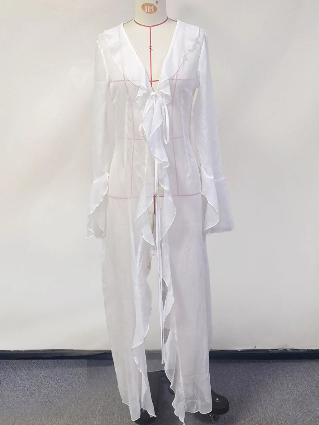 Rosalie Ruffle Sheer Long-Sleeve Maxi Dress
