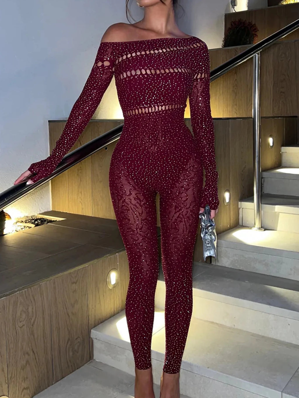 Domenica Rhinestone Hollow-Out Long-Sleeve Bodycon Jumpsuit One-piece