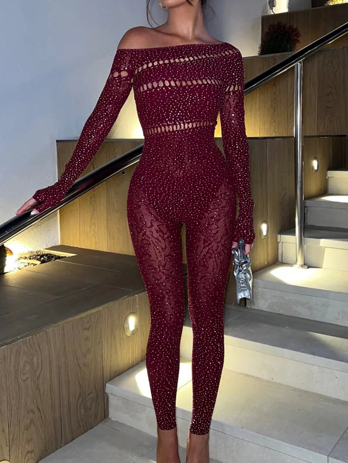 Domenica Rhinestone Hollow-Out Long-Sleeve Bodycon Jumpsuit One-piece