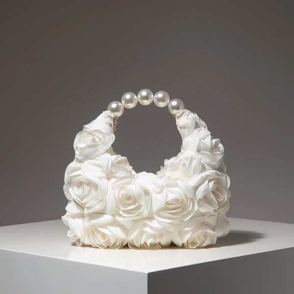 Rosalind Satin Rosette Pearl-Handle Half-Moon Evening Bag