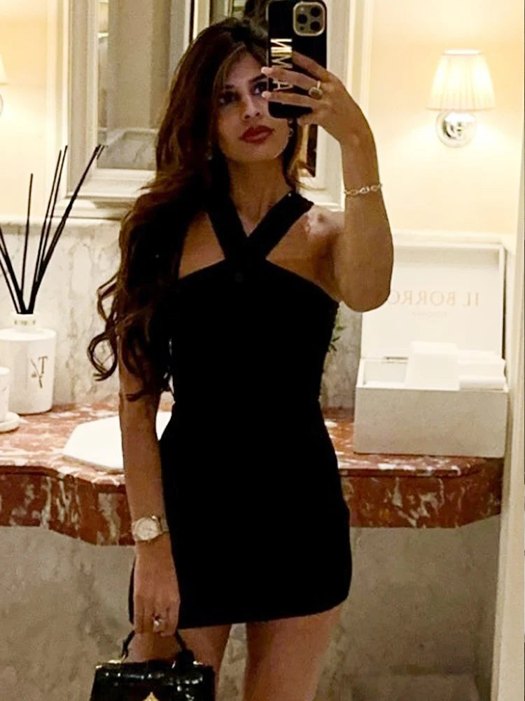 Danica Black Backless Halter Mini Dress