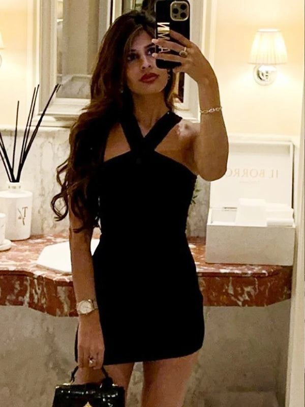 Danica Black Backless Halter Mini Dress
