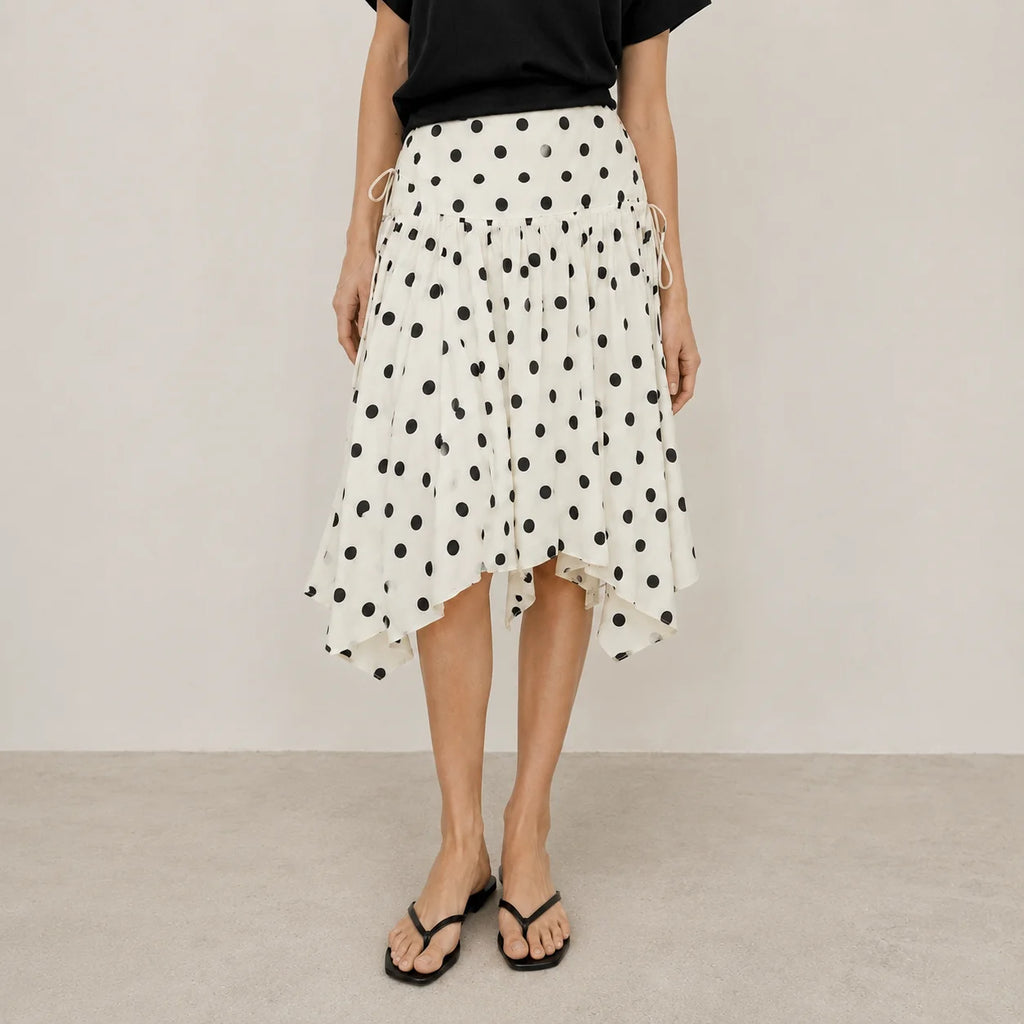 Women's Vintage Polka Dot Asymmetrical Hem Skirt White Black High Waist Drawstring Flowy Casual Midi Skirt Streetwear