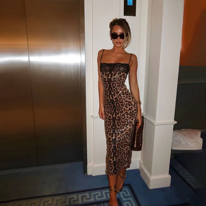 Viveka Leopard Lace-Trim Square Neck Bodycon Maxi Dress Main image