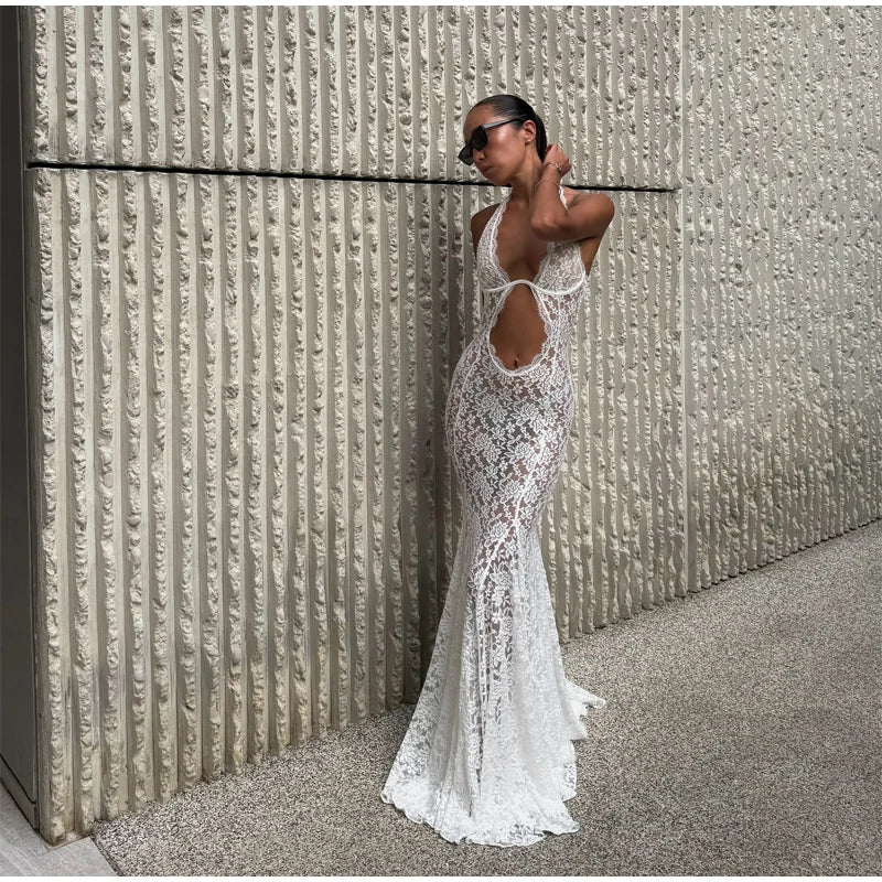 Thessaly Lace Halter Cutout Backless Mermaid Maxi Dress