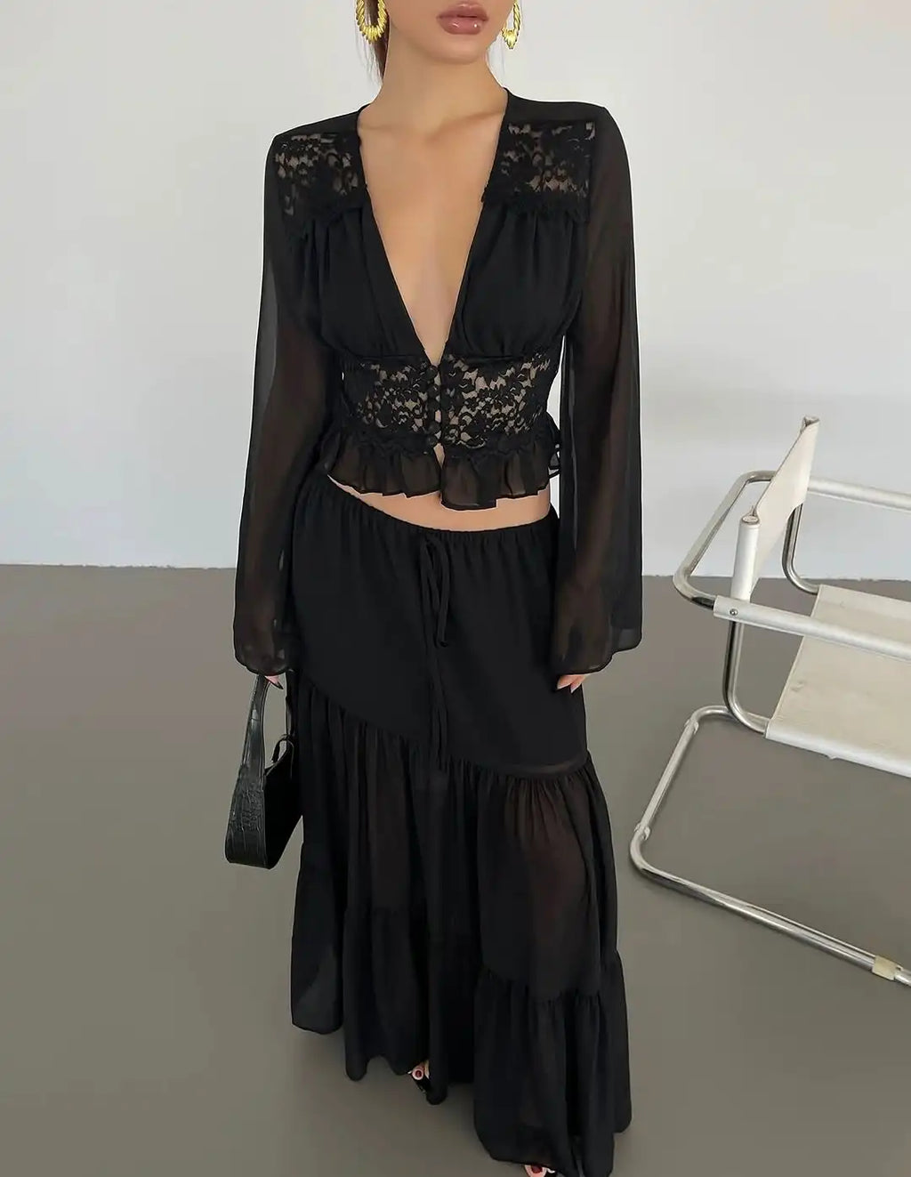 Aurelia Chiffon Lace Long-Sleeve Maxi Skirt Set Two-piece