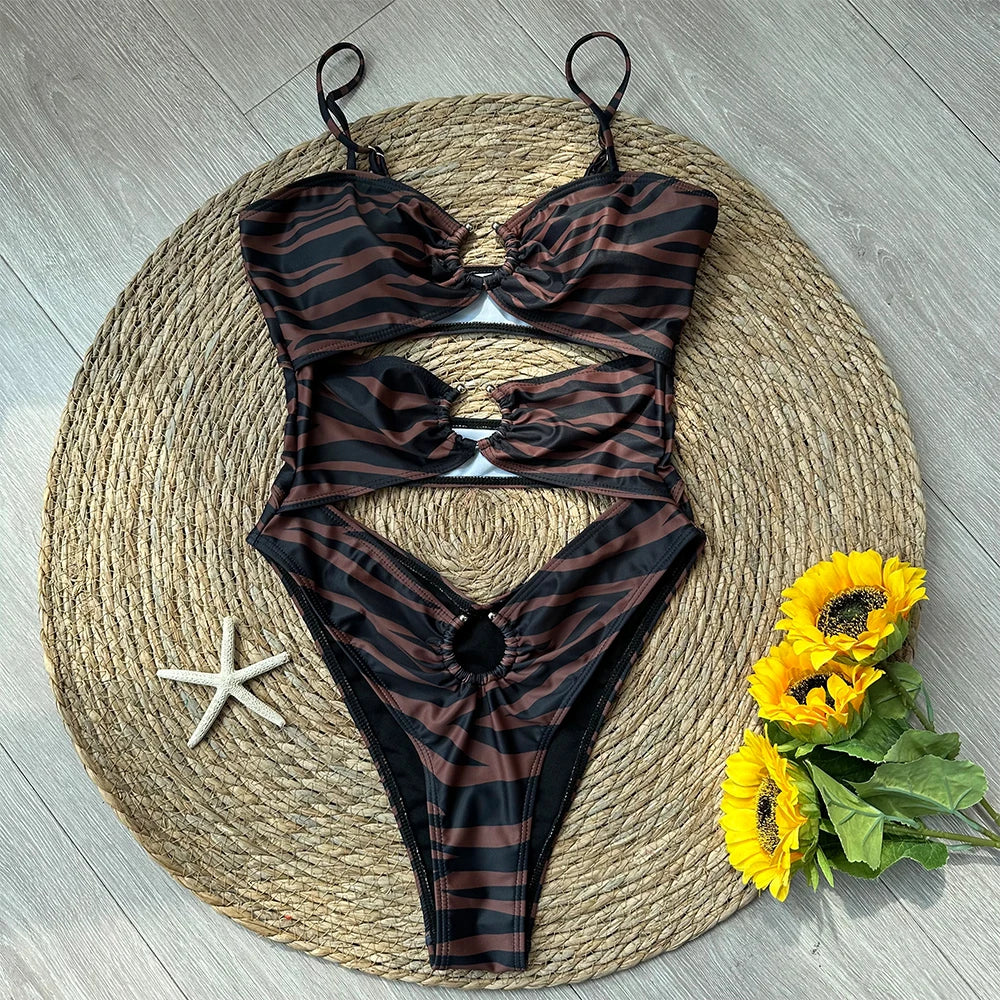 One Piece Swimsuit 2024 New Print Swimwear Women Hollow Out Bathing Suit Beachwear Push Up Monokini Swim Female