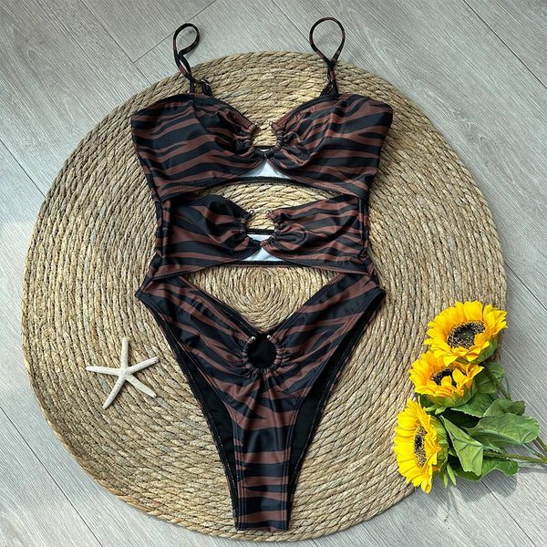 One Piece Swimsuit 2024 New Print Swimwear Women Hollow Out Bathing Suit Beachwear Push Up Monokini Swim Female