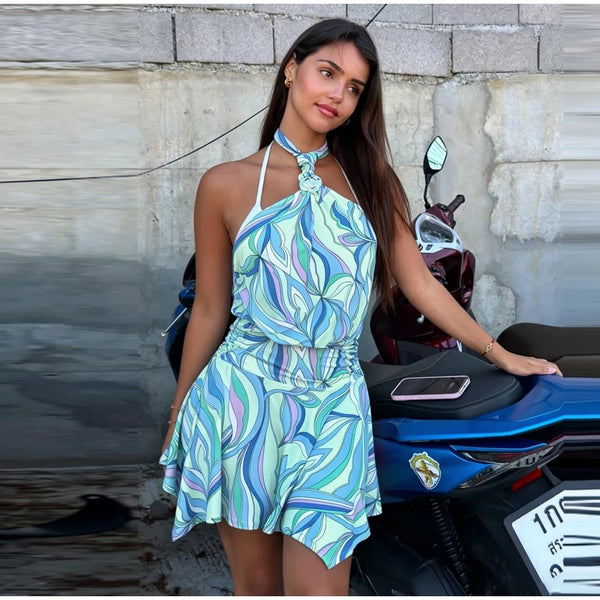 Ermengarde Print Halter Bow Backless Top & Long Skirt Set