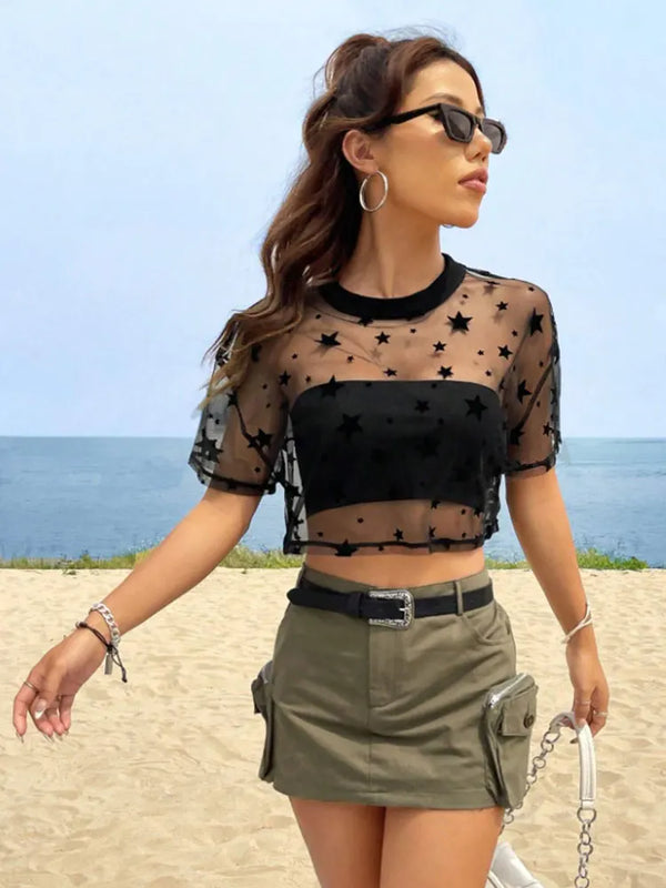 Stella Star-Embroidered Sheer Mesh Crop Top One-piece