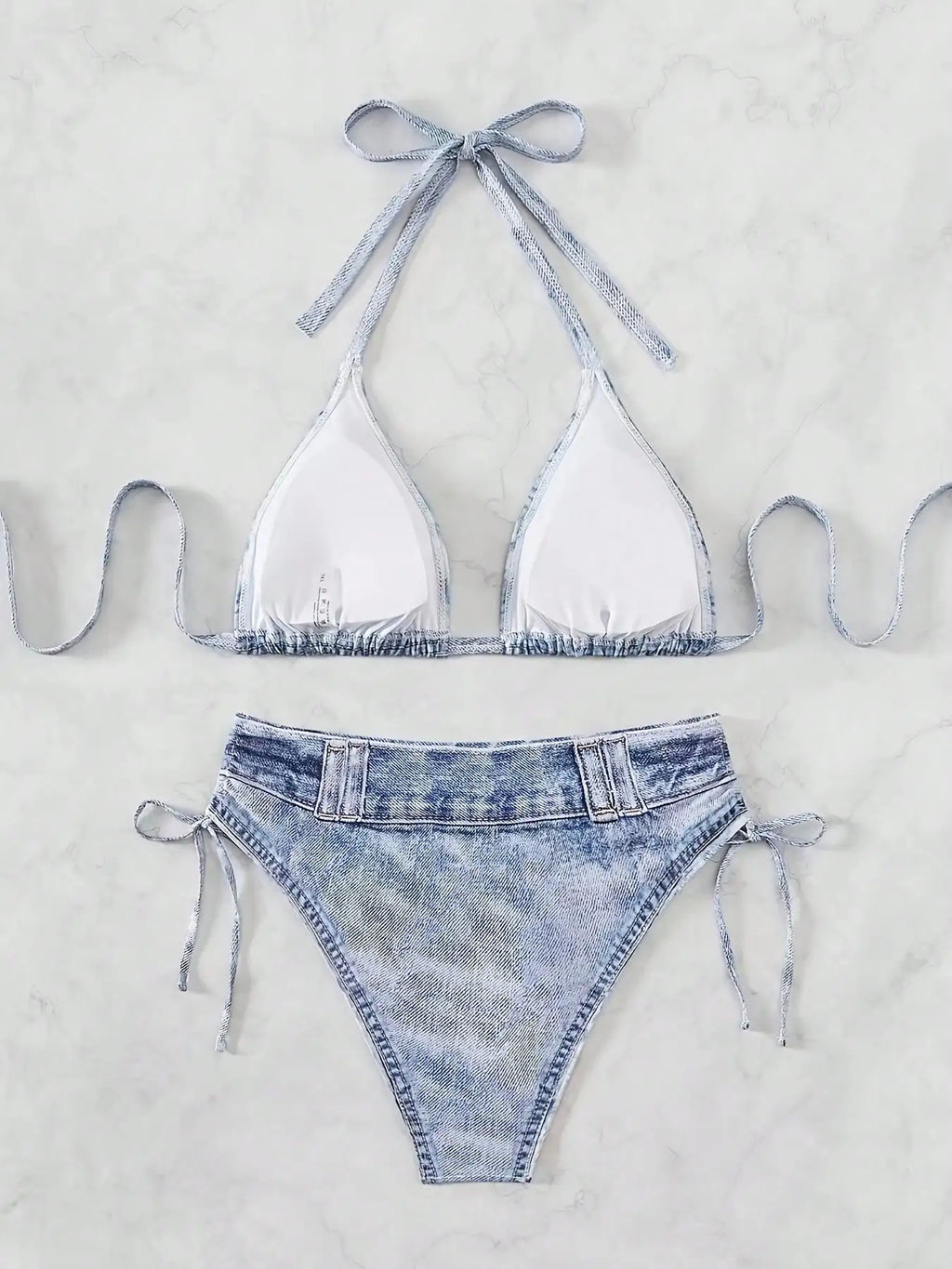 Light Wash Denim Print Halter Triangle Side Tie Bikini Set