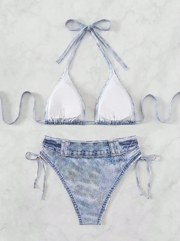 Light Wash Denim Print Halter Triangle Side Tie Bikini Set