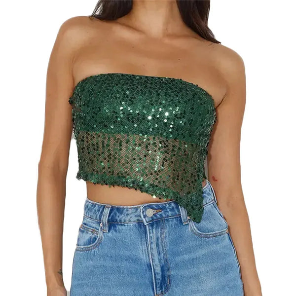 hirigin Women's Sequin Tube Tops Summer Off Shoulder Backless Sleeveless Asymmetrical Hem Shirt Sparkling Party Club Crop Top