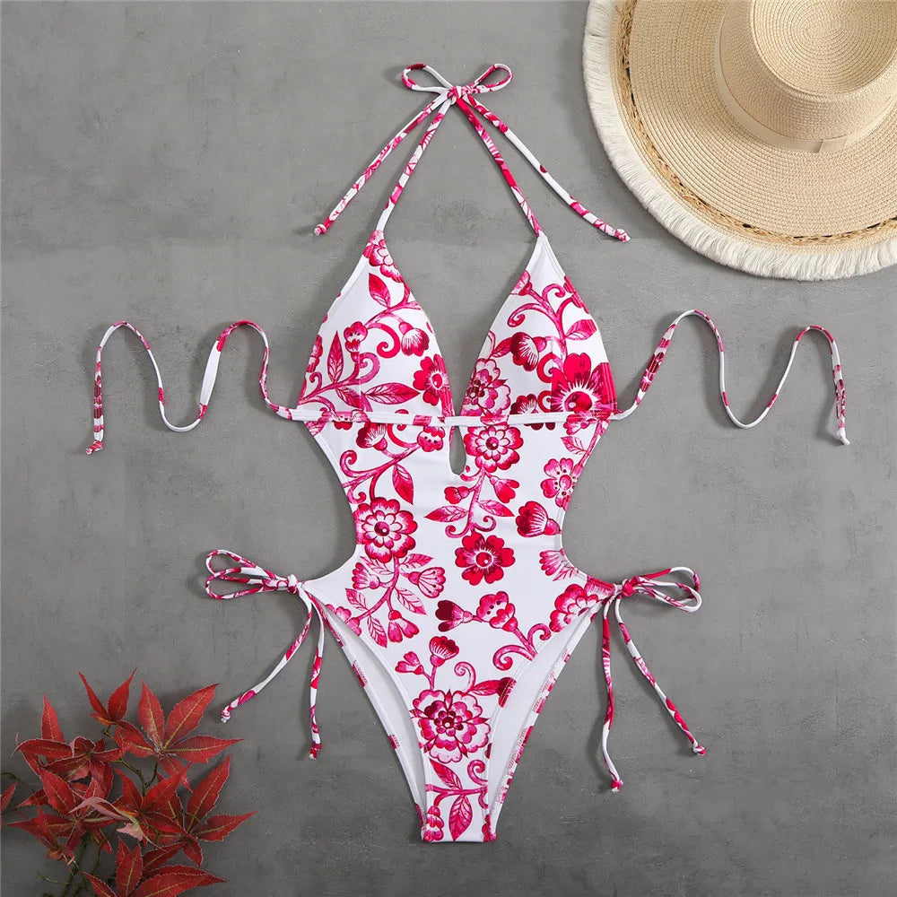 Ingrith Vintage Floral String Halter Cutout Backless One-Piece Swimsuit