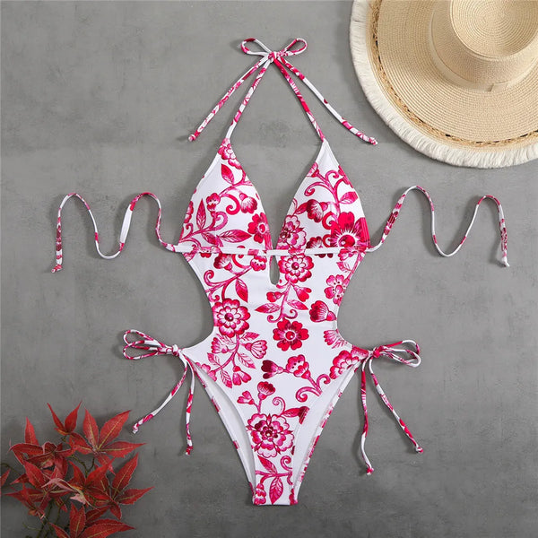 Ingrith Vintage Floral String Halter Cutout Backless One-Piece Swimsuit