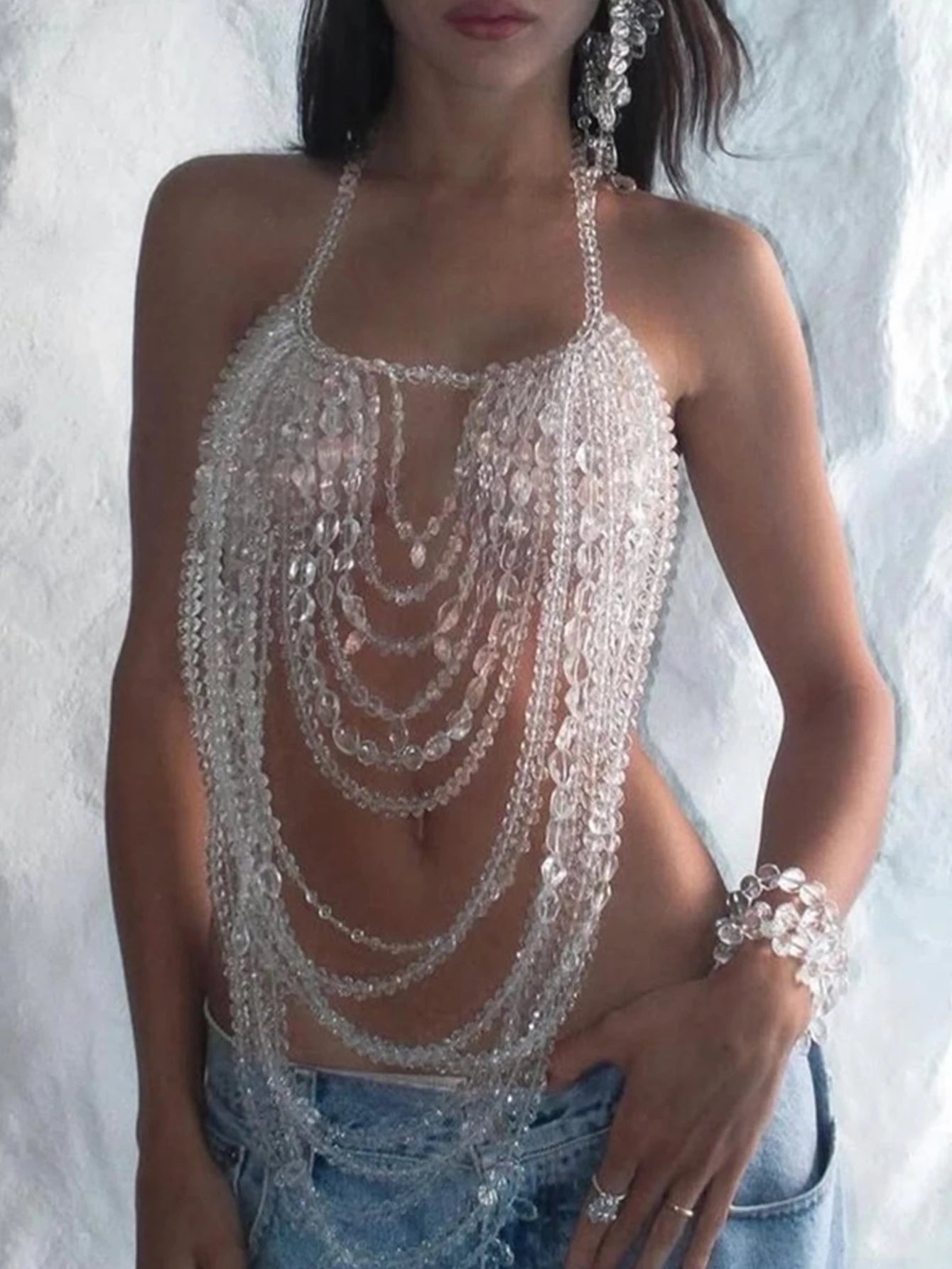 Sexy white see through rhinestone halter tank top women summer beach crop tops woman clothing club party top hotwife rave outfit