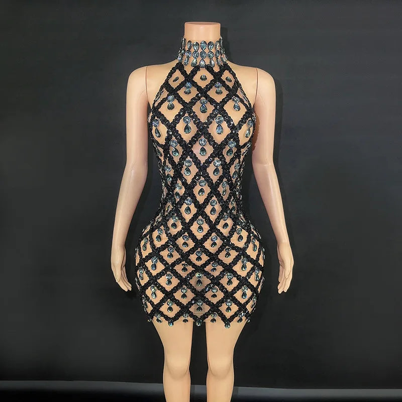 Selena Crystal Sheer Bodycon Halter Mini Dress