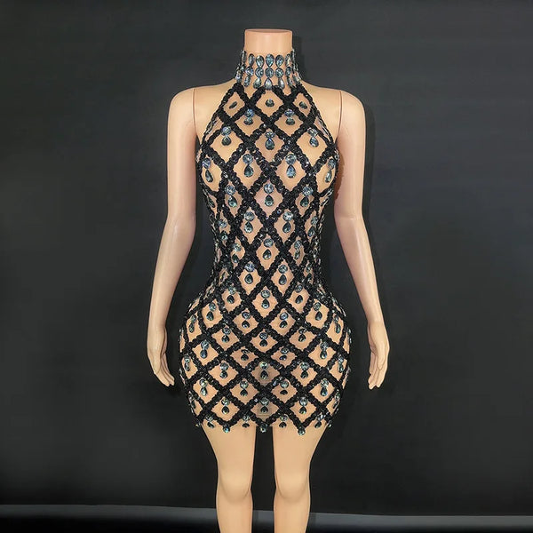 Selena Crystal Sheer Bodycon Halter Mini Dress
