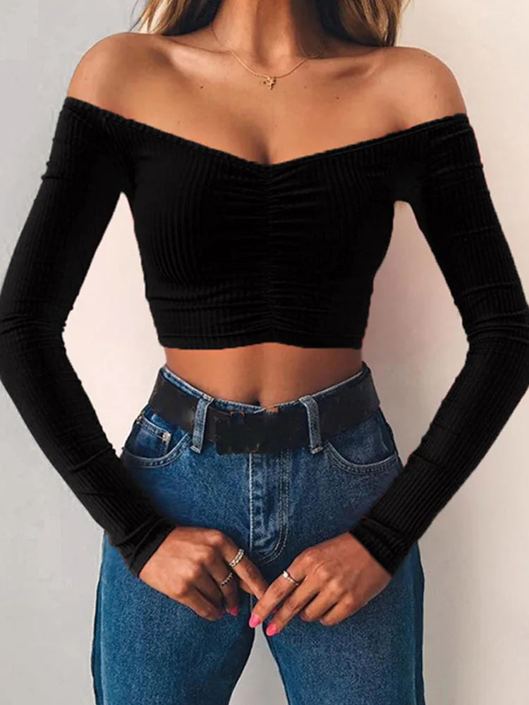 Women T-shirts sexy and club fashion female T-shirt long sleeve off shoulder solid color lady Tshirt autumn basic tees Secondary image
