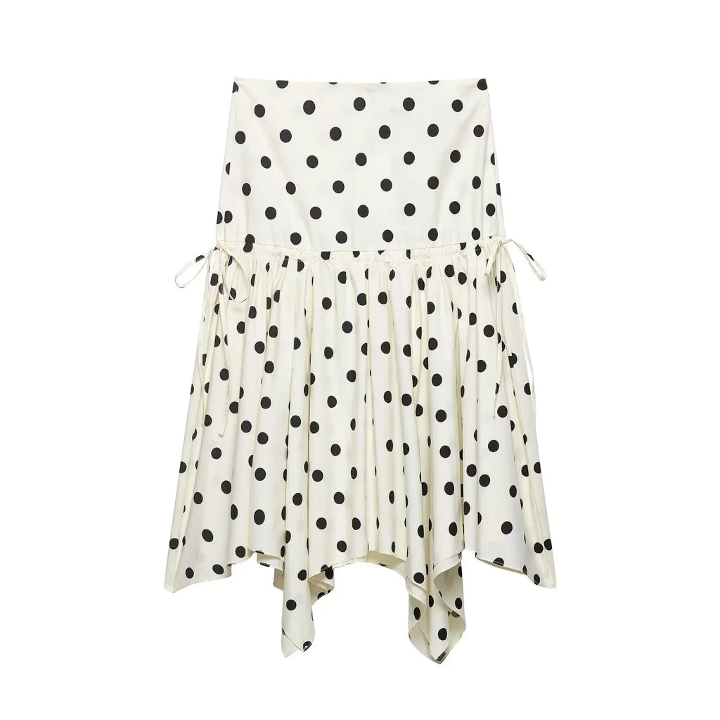 Women's Vintage Polka Dot Asymmetrical Hem Skirt White Black High Waist Drawstring Flowy Casual Midi Skirt Streetwear