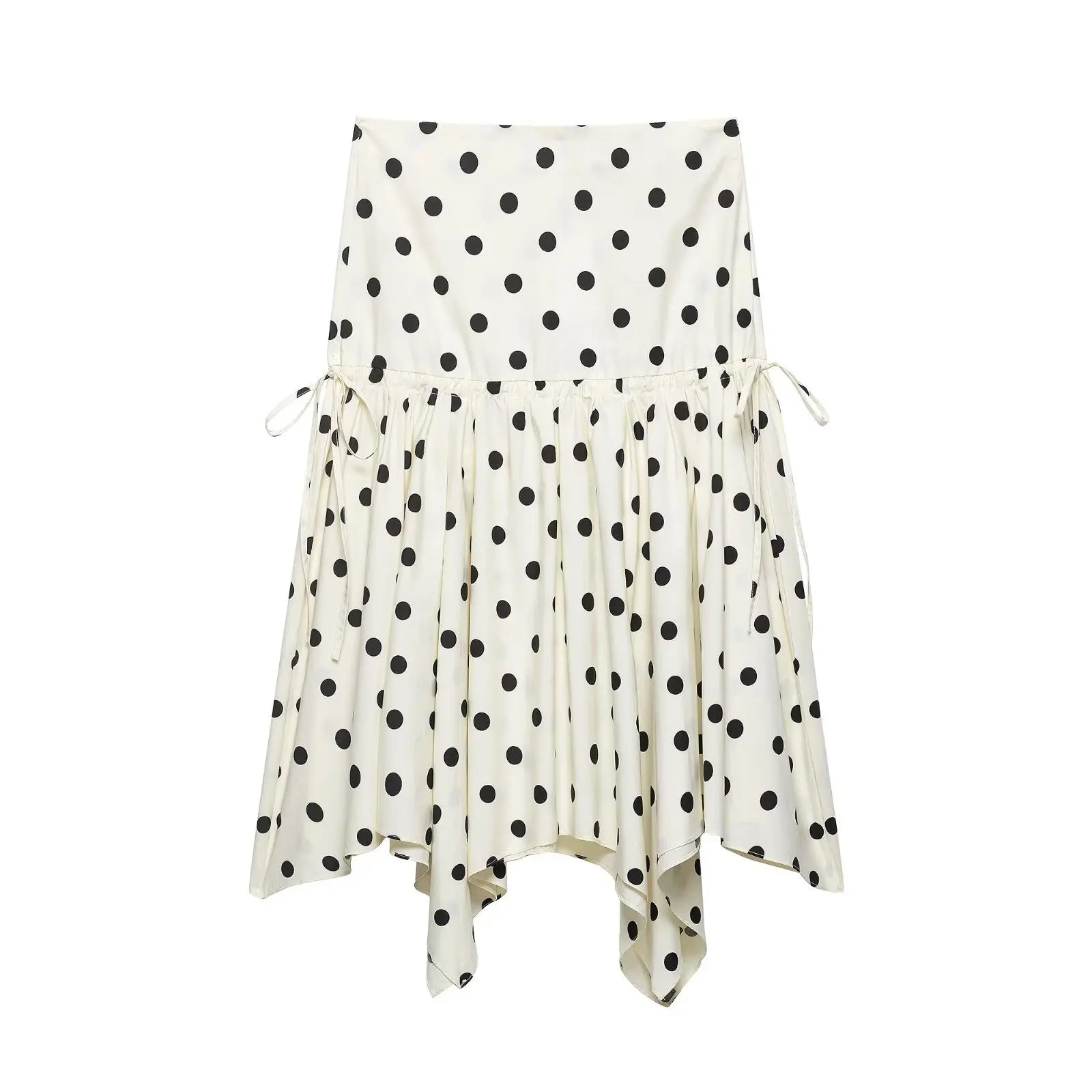 Women's Vintage Polka Dot Asymmetrical Hem Skirt White Black High Waist Drawstring Flowy Casual Midi Skirt Streetwear