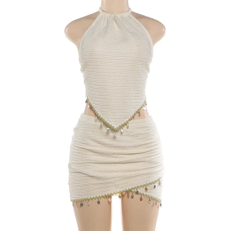 Esme Coin-Trim Halter Mini Skirt Set Two-piece