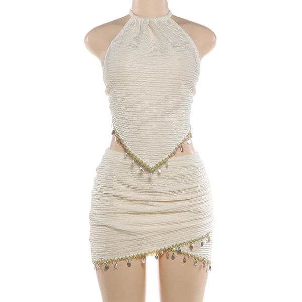 Esme Coin-Trim Halter Mini Skirt Set Two-piece