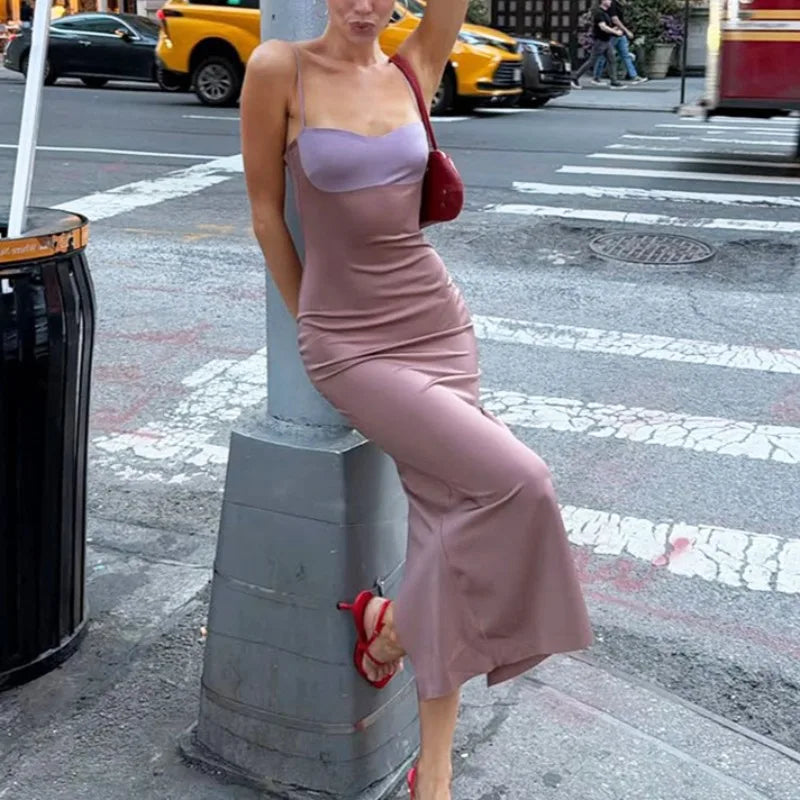 Lavendra Contrast Bust Cami Backless Bodycon Maxi Dress