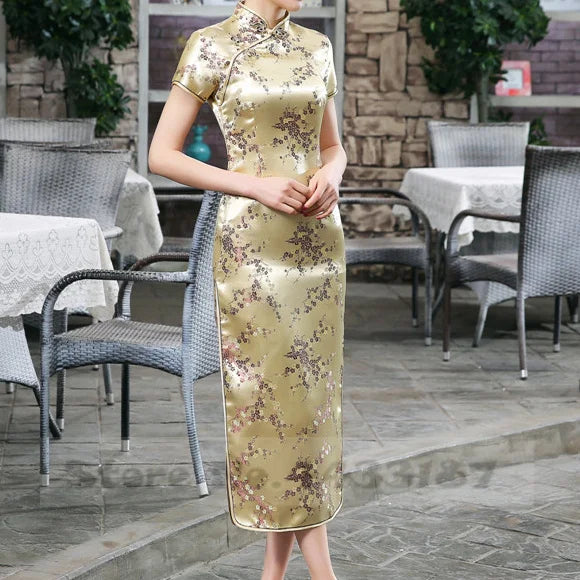 Feng Dragon-and-Phoenix Satin Qipao Maxi Dress