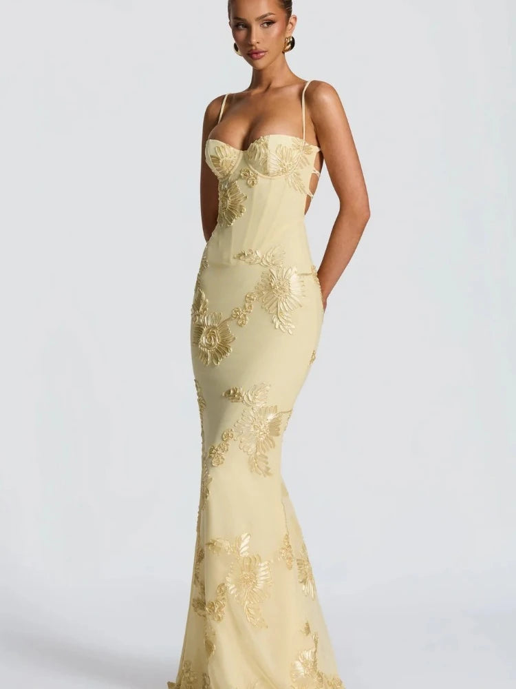 Liliana Floral Appliqué Backless Maxi Dress