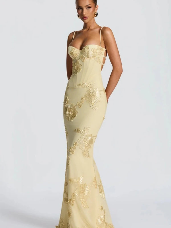 Liliana Floral Appliqué Backless Maxi Dress