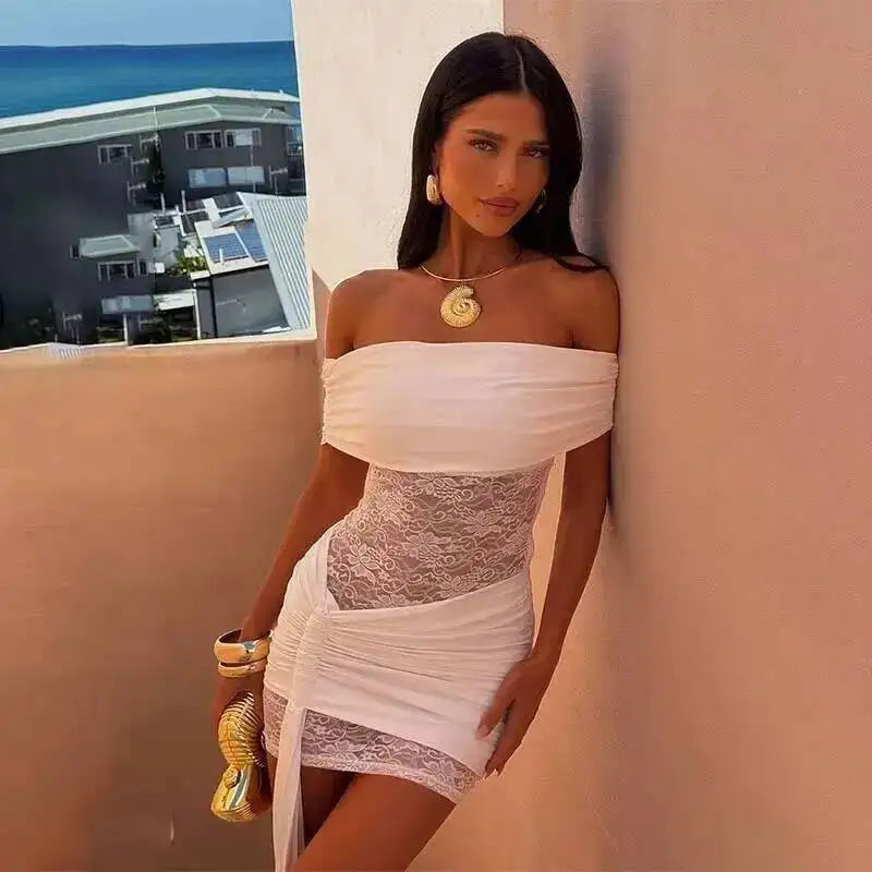 Valentina Off-Shoulder Lace-Patchwork Mini Dress