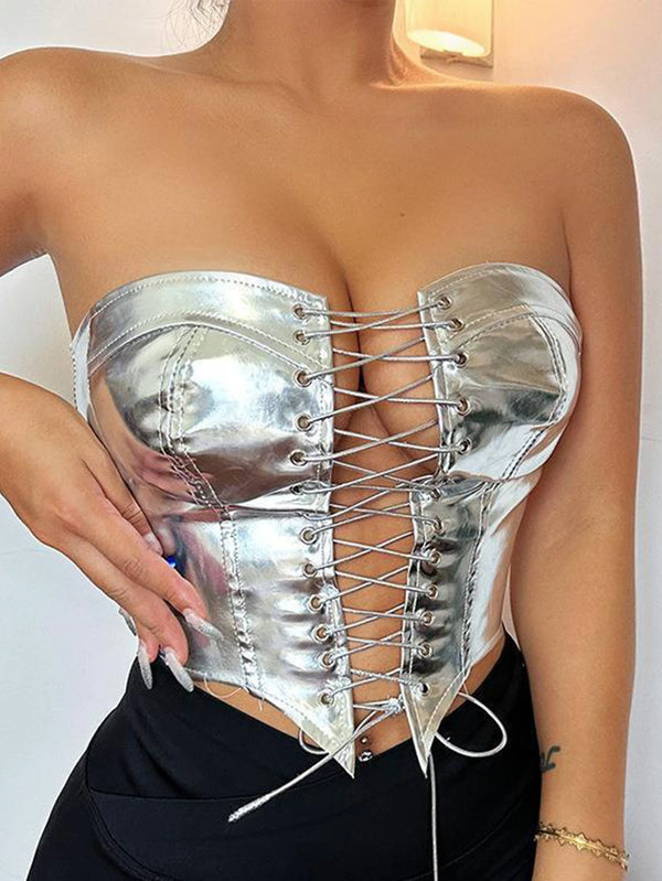 Sylvie Metallic PU Leather Corset Crop Top